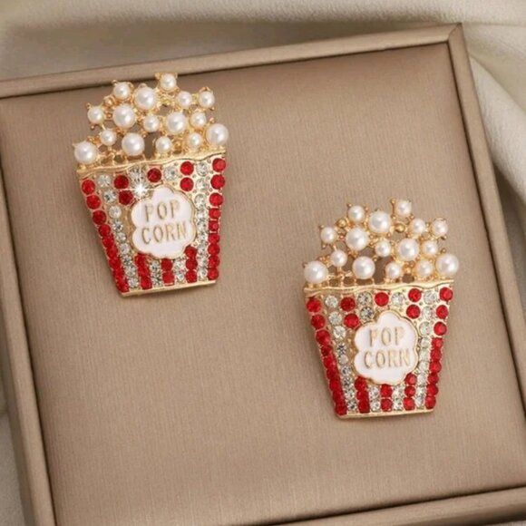 POPCORN Earrings Movie Theater Motif Glitzy Crystal and Faux Pearl Studded NEW! - Picture 5 of 8
